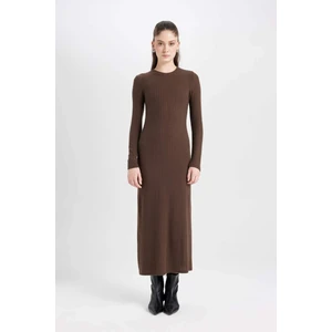Bodycon Vücudu Saran Bisiklet Yaka Basic Düz Kaşkorse Uzun Kollu Maxi Elbise D3373AX24WN