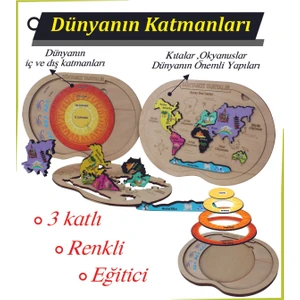Ahşap Renkli Dünyanın Katmanları Kıtalar ve Okyanuslar ve Puzzle