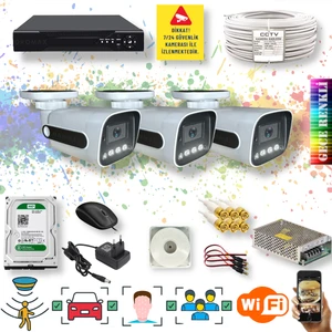 Qromax 3 Kameralı Set - Yapay Zeka Özellikli Gece Renkli Gösteren 5MP SONY Lensli 4 Ultra Warm Ledli FULLHD Güvenlik Kamerası Seti 784W