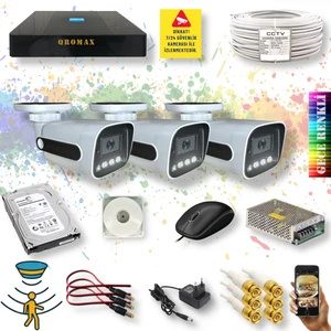 Qromax 3 Kameralı Set - Gece Renkli Gösteren Hareket Algılayan 5MP SONY Lensli 4 Ultra Warm Ledli 1080P FULLHD Güvenlik Kamerası Seti 784W