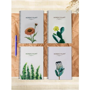 4'lü Spiralli Okul Defteri 60 Yaprak 4'lü Set - A5 Boy Kareli 15 x 21 cm Iskandinav Bitki Set