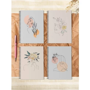 4'lü Spiralli Okul Defteri 60 Yaprak 4'lü Set - A5 Boy Çizgili 15 x 21 cm Çizgisel Kadın Set Defter