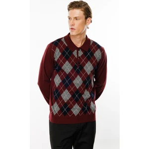 Desen Triko Erkek Polo Yaka Önü Baklava Desenli Yün Kazak Bordo