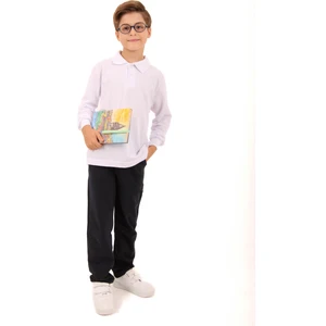 Polo Yaka Erkek Çocuk Uzun Kollu Sweatshirt Beyaz