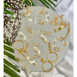 Özel Gerçek Kurutulmuş Çiçekli Gold Epoksi Anahtarlık