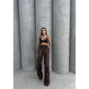 Kadın Beli Lastikli Leopar Desen Saten Bol Paça Pantolon