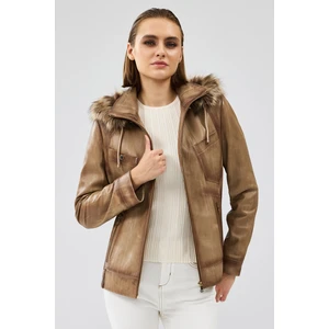 Meggy Kadın Bej Kapüşonlu Kürklü Deri Ceket 24WGE5210NC