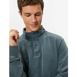 Yıkamalı Sweatshirt Dik Yaka Düğme Detaylı Pamuklu