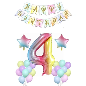Balon Diyarı Gökkuşağı Konsepti 4 Yaş Doğum Günü Parti Kutlama Seti + balon zinciri + balon bandı