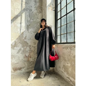 Siyah Üstü Penye Altı Dokuma Oversize Uzun Kollu Uzun Elbise 28169