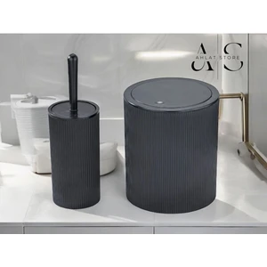Ahlat Store Yuvarlak Çöp Kovası & Yuvarlak Tuvalet Fırçası Seti İkili Banyo Seti Siyah