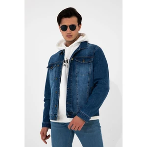 Hlt Jeans Erkek Mavi Jean Denim Standart Kalıp Esnek Likralı Cepli Düğmeli Kot Ceket HLTHE042101