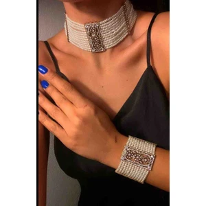 Tasarım Melda Durdu Papatya Elmas Montürlü Antik Cam Inci Tasma Kolye ve Bileklik