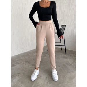 Yüksek Bel Sandy Kumaş Beli Lastikli Pantolon