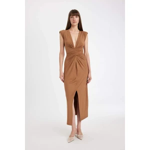 V Yaka Yırtmaçlı Drapeli Kolsuz Maxi Elbise D5260AX24AU