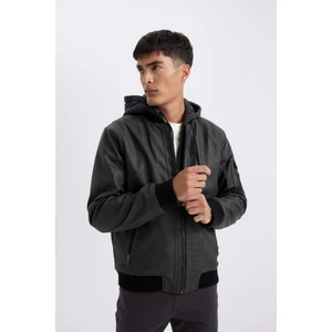 Su İtici Slim Fit Dar Kesim Çıkarılabilir Kapüşonlu Fermuarlı Cepli Suni Deri Mont N9682AZ24WN