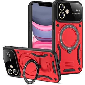  iPhone 11 Kılıf Lens Korumalı Standlı Tasarım Korumalı Silikon Kapak - Kırmızı