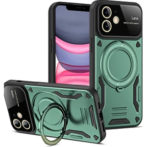  iPhone 11 Kılıf Lens Korumalı Standlı Tasarım Korumalı Silikon Kapak - Koyu Yeşil
