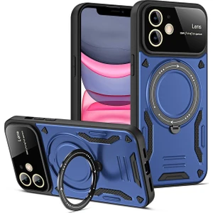  iPhone 11 Kılıf Lens Korumalı Standlı Tasarım Korumalı Silikon Kapak - Lacivert