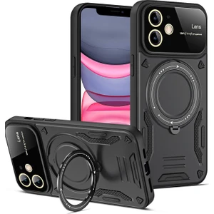  iPhone 11 Kılıf Lens Korumalı Standlı Tasarım Korumalı Silikon Kapak - Siyah