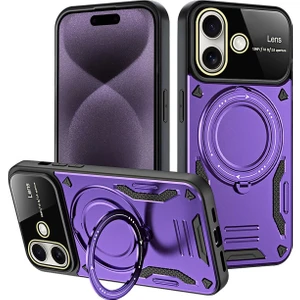 Aqua Aksesuar  iPhone 16 Kılıf Lens Korumalı Standlı Tasarım Korumalı Silikon Kapak - Mor
