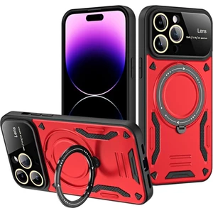  iPhone 16 Pro Max Kılıf Lens Korumalı Standlı Tasarım Korumalı Silikon Kapak - Kırmızı