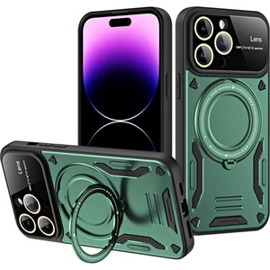  iPhone 16 Pro Max Kılıf Lens Korumalı Standlı Tasarım Korumalı Silikon Kapak - Koyu Yeşil