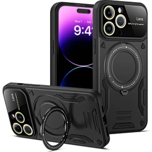  iPhone 16 Pro Max Kılıf Lens Korumalı Standlı Tasarım Korumalı Silikon Kapak - Siyah