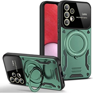  Samsung Galaxy A32 Kılıf Lens Korumalı Standlı Tasarım Korumalı Silikon Kapak - Koyu Yeşil