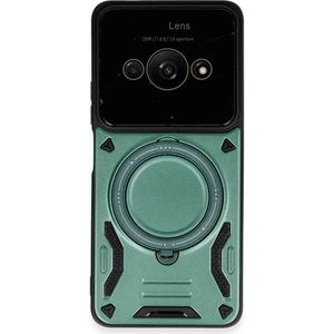  Xiaomi Poco C61 Kılıf Lens Korumalı Standlı Tasarım Korumalı Silikon Kapak - Koyu Yeşil