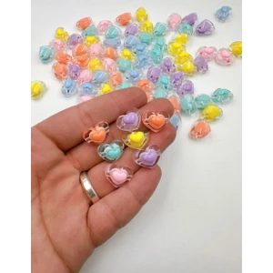 Ebruli Boncuk 12 mm Şeffaf Kalp, Dolgu Kalp Akrilik Boncuk Takı Yapımı Bead (50 Gr)