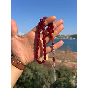 Özel Tasarım Ateş Kehribar Tesbih - Gümüş Püsküllü