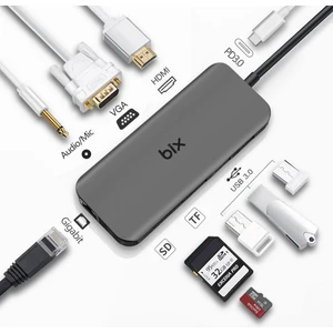 BX11HB 10in1 Type-C Hub 4K@30Hz HDMI - VGA, Aux, PD Şarj, 1Gbps RJ45, 3x USB 3.0, Micro SD / SD Kart Okuyucu Dönüştürücü HUB