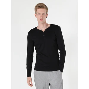 Slim Fit Placket Neck Erkek Siyah Uzun Kol Tişört Cl1022847
