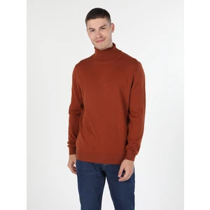 Slim Fit Balıkçı Yaka Jakarlı Erkek Kahverengi Kazak