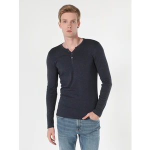 Slim Fit Placket Neck Erkek Mavi Uzun Kol Tişört Cl1022847
