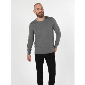 Regular Fit Yuvarlak Yaka Jakarlı Erkek Gri Kazak