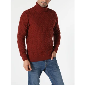 Slim Fit Balıkçı Yaka  Erkek Kahverengi Kazak