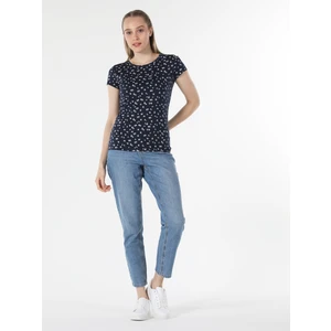 Slim Fit Yuvarlak Yaka Baskılı Kadın Lacivert Kısa Kol Tişört