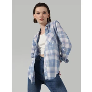 Regular Fit Ekoseli Cepli Mavi Kadın Uzun Kol Gömlek Cl1063174