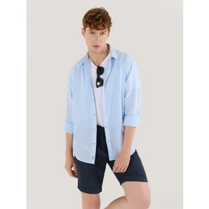 Comfort Fit Shirt Neck Düz Erkek Mavi Uzun Kol Gömlek