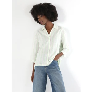 Regular Fit Shirt Neck Çizgili Kadın Yeşil Roll-up Gömlek
