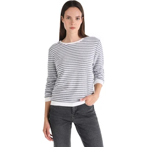 Regular Fit Bisiklet Yaka Çizgili Beyaz Kadın Uzun Kol Tişört Cl1065149