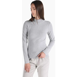 Slim Fit Balıkçı Yaka Düz Kadın Gri Uzun Kol Tişört