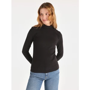 Slim Fit Balıkçı Yaka Düz Kadın Siyah Uzun Kol Tişört