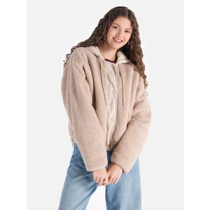 Regular Fit Kapüşonlu Yünlü Bej Kadın Mont