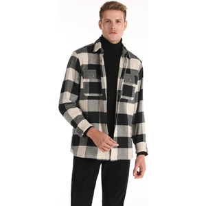 Comfort Fit Shirt Neck Kareli Erkek Siyah Uzun Kol Gömlek