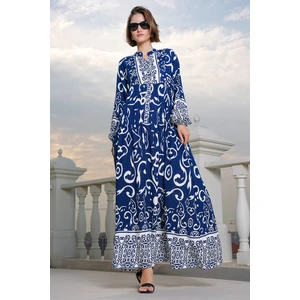 2423 Otantik Desenli Elbise - P. Lacivert