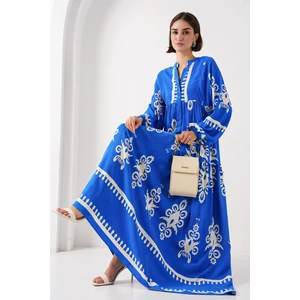 2423 Otantik Desenli Elbise - Beyaz - Lacivert