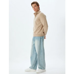 Yarım Fermuarlı Yaka Sweatshirt Uzun Kollu Şardonlu Pamuk Karışımlı